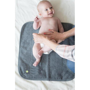 PeapodMats washable, reusable waterproof 1.5'x1.5' chair pad for bed wetting and incontinence, product illustration in dark grey with baby