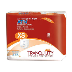 Tranquility All-Through-the-Night (ATN) disposable Briefs - Adult Diapers for overnight incontinence protection Extra Small packaging