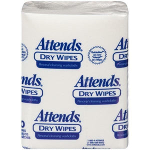Attends Dry Wipes for easier skin care for bladder and bowel incontinence clean up; sold by the case - 12 packs of 48 or 576 washcloths
