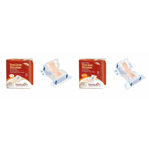 Tranquility TopLiner Booster Contour Pads in Regular and SuperPlus for light to heavy fecal incontinence or accidental bowel leakage packaging and product illustrations