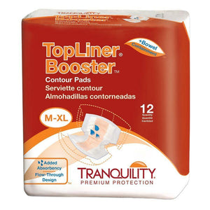 Tranquility TopLiner Booster Contour Pads in M-XL for light fecal incontinence or accidental bowel leakage packaging