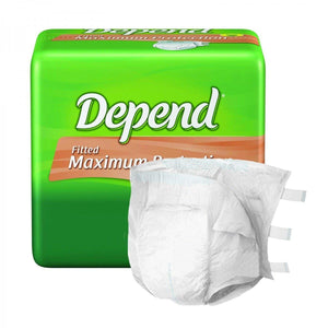 Depend Fitted Brief Maximum Protection Disposable Unisex Adult Diapers for incontinence, front packaging with product illustration