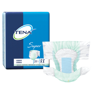 TENA Super Incontinence Briefs in medium with highest level of absorbency for nighttime and extended wear protection, front packaging with product illustration