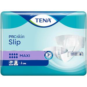 TENA ProSkin Slip Maxi Briefs with ConfioAir 100% breathable technology fits 21"-34" waist / hip, packaging front