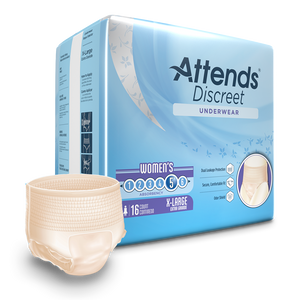 Attends Discreet Women's disposable protective Underwear for bladder and bowel incontinence product and packaging in Extra Large