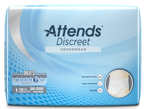 Attends Discreet Men's disposable protective Underwear for bladder and bowel incontinence packaging in Small/Medium
