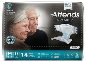  ALI-20 Attends Attends Premier Briefs for bladder or bowel incontinence leaks; packaging, in Medium