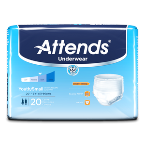 Attends Advanced disposable protective Underwear for bladder and bowel incontinence front of packaging in Youth Small