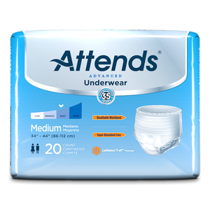  Attends Advanced disposable protective Underwear for bladder and bowel incontinence packaging in Medium