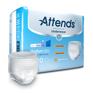Attends Advanced disposable protective Underwear for bladder and bowel incontinence product and packaging in Medium