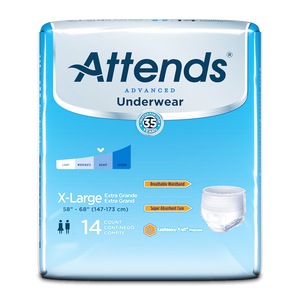 Attends Advanced disposable protective Underwear for bladder and bowel incontinence packaging in Extra Large