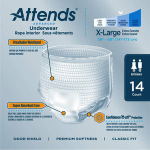 Attends Advanced disposable protective Underwear for bladder and bowel incontinence product features in Extra Large