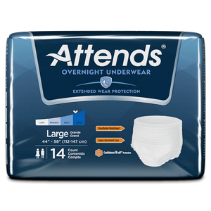 Attends Overnight disposable protective Underwear for bladder and bowel incontinence packaging in Large