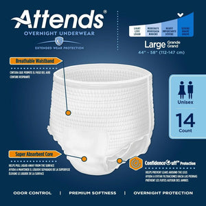 Attends Overnight disposable protective Underwear for bladder and bowel incontinence product features in Large