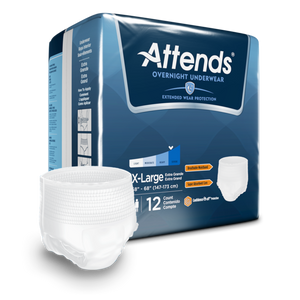  Attends Overnight disposable protective Underwear for bladder and bowel incontinence product and packaging in Extra Large