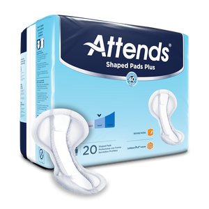 Attends Shaped Pads Plus are absorbent contoured pads suitable for users experiencing moderate to heavy incontinence; packaging front with product illustration.