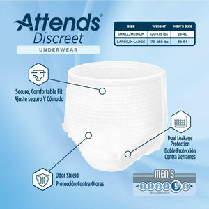 Attends Discreet Men's disposable protective Underwear for bladder and bowel incontinence product features