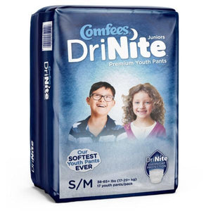 Comfees Premium Dri-Nite Juniors Youth Pants in Small/Medium disposable underwear for bed wetting incontinence, front packaging