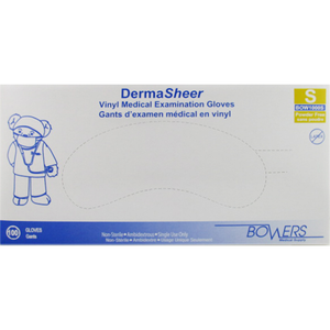 DermaSheer Vinyl Examination Gloves sold by the box or case, front packaging