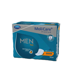 Molicare Premium Men's Anatomical Fit Pads in 4 Drops absorbency pads for bladder leak protection, front of package