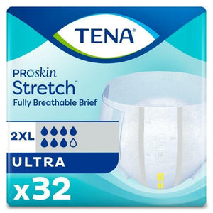 TENA ProSkin Stretch Briefs Ultra Absorbency adult diapers for moderate to heavier bladder and/or bowel incontinence 2XL packaging