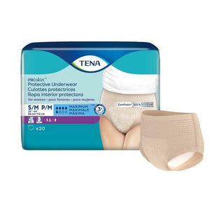  TENA ProSkin Protective Underwear for Women; disposable underwear for urinary incontinence / bladder leak protection in Small / Medium with packaging and product illustration