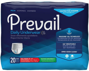 Prevail Disposable Underwear for Men in Small/Medium Disposable Underwear for incontinence, front packaging