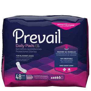 Prevail Bladder Control Pads for Women, Maximum Absorbency, Regular Length. Disposable pads for urinary incontinence, front packaging