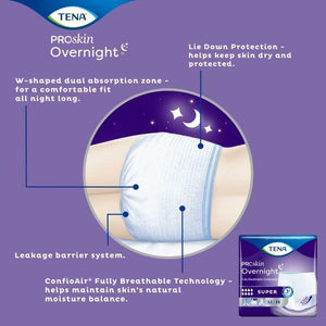 TENA ProSkin Overnight Super Protective Underwear; disposable underwear for incontinence protection benefits: dual absorption zones, lie down protection, leakage barrier system, breathable technology