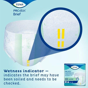 TENA ProSkin Super incontinence briefs for nighttime and extended wear protection with wetness indicator so there is no need to open the product to find out if it needs changing. 