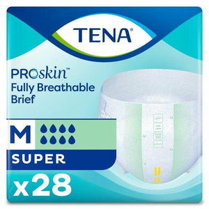 TENA ProSkin Super incontinence briefs for nighttime and extended wear protection, front packaging in Medium