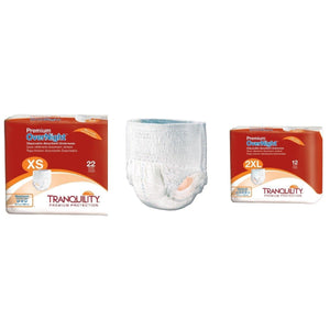 Tranquility Premium OverNight Disposable Absorbent Underwear from Extra Small to 2XL - package and product