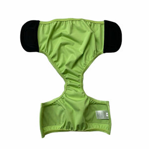 SOSecure Containment Swim Brief for Children Soft Lime Green tabs open, lying flat