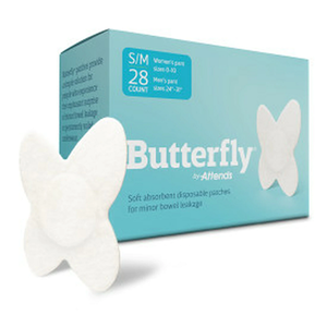 Attends Butterfly Body Patches for minor Fecal Incontinence or slight bowel incontinence in size S/M - product with box packaging