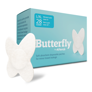 Attends Butterfly Body Patches for Fecal Incontinence in size L/XL- product illustration and packaging