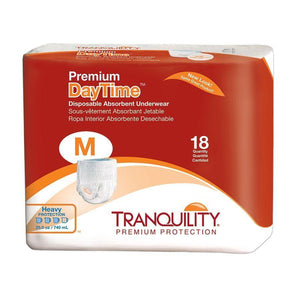 Tranquility Premium DayTime Disposable Absorbent Underwear for incontinence in Medium; packaging image