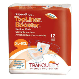 Tranquility TopLiner Booster Contour Super Plus Pads in XL-6XL for heavy fecal incontinence or accidental bowel leakage packaging