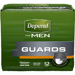 Depend Guards for Men with light to moderate absorbency disposable underwear liners for bladder leak protection, front packaging, 52 count per package