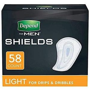 Depend Shields for Men with light absorbency disposable underwear liners for bladder leak protection, front packaging, 58 per pack