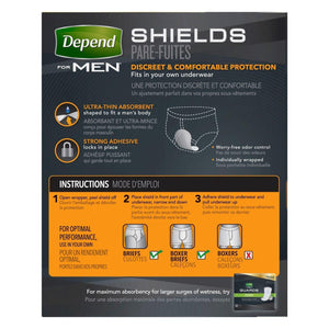 Depend Shields for Men with light to moderate absorbency disposable underwear liners for bladder leak protection, back packaging 