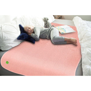 PeapodMats Waterproof Bed Wetting in 3'x5' Washable & Reusable Mats for Incontinence, product illustration in peach pink color with girl sleeping  in bed
