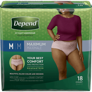 Depends FIT-FLEX Disposable Underwear for Women in medium disposable underwear for light bladder leaks, packaging