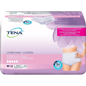 TENA Women Super Plus Underwear for Women for moderate to heavy bladder leak protection - disposable protective underwear in Large packaging