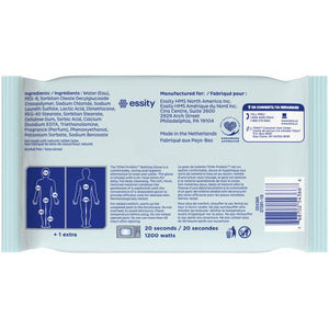 Back of package: TENA ProSkin Bathing Glove 9"x5.9", two-sided, premoistened, can be heated - 5 glove per pack; sold as individual packs or by the case (45 packs of 5 per case)