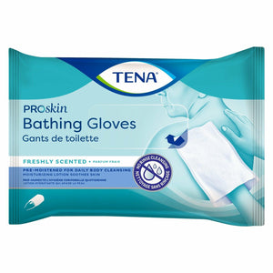 TENA ProSkin Bathing Glove Freshly Scented 9"x5.9", two-sided, premoistened, can be heated - 5 glove per pack; sold as individual packs or by the case (45 packs of 5 per case)