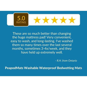 5 Star Customer Review: "These are so much better than changing the huge mattress pad! Very convenient, easy to wash and long-lasting. I've washed them so many times over the last several months, sometimes 3-4x/week, and they have held up extremely well." - PeapodMats washable waterproof bed wetting mats