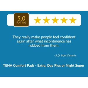 5 Star Customer Review: :"They really make people feel confident again after what incontinence has robbed from them." TENA Comfort Pads - Extra, Day Plus or Night Super