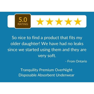 5 Star Customer Review for Tranquility Premium OverNight Disposable Absorbent Underwear: disposable underwear for incontinence protection