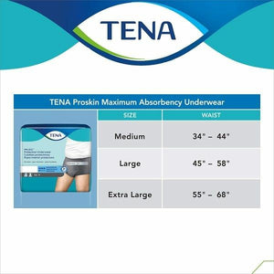 TENA ProSkin Protective disposable Underwear for Men for light bladder leak protection; 100% fully breathable technology size chart