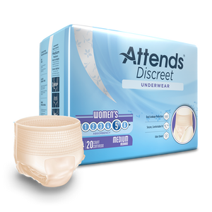 Attends Discreet Women's protective Underwear for bladder and bowel incontinence product and packaging in Medium